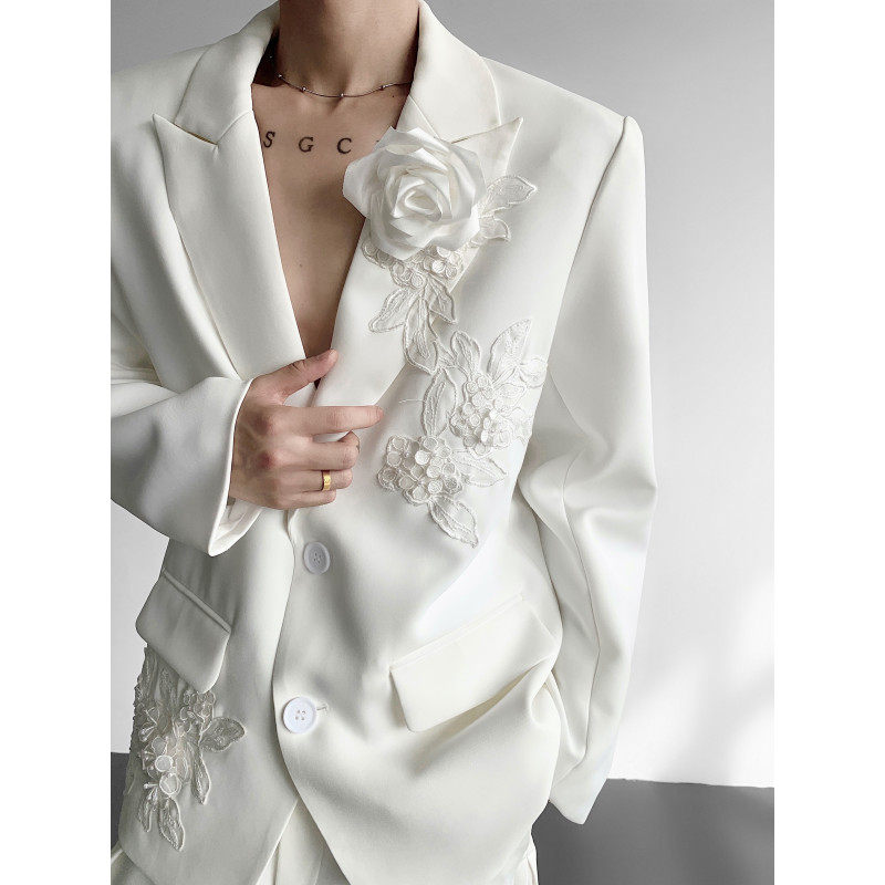 秋季高定重工绣球花立体花朵垫肩白西装男外套设计感韩版气质礼服