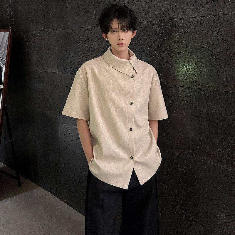 夏季工作服莱赛尔立领亚麻斜门襟多形态衬衣男女短袖衬衫老钱休闲