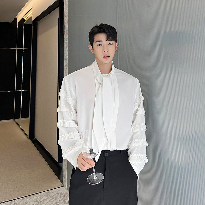 法式高级感轻奢长袖衬衫男个性花边压褶衬衣很仙中性韩版休闲小众