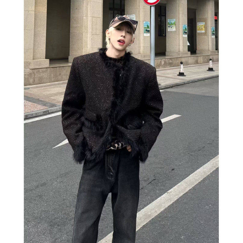 冬装高级感垫肩呢子夹克外套男黑色痞帅cleanfit毛毛绒设计小香风