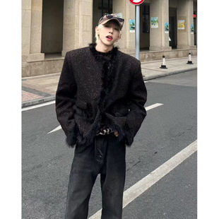 冬装高级感垫肩呢子夹克外套男黑色痞帅cleanfit毛毛绒设计小香风