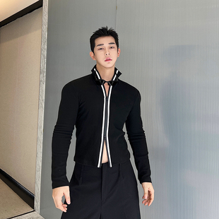秋冬紧身百搭双拉链长袖高领t恤男复古运动辣弟风开衫上衣打底衫