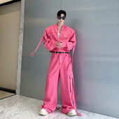 男飘带阔腿长裤 牛仔套装 两件套 设计师复古重工水洗多口袋工装 美式