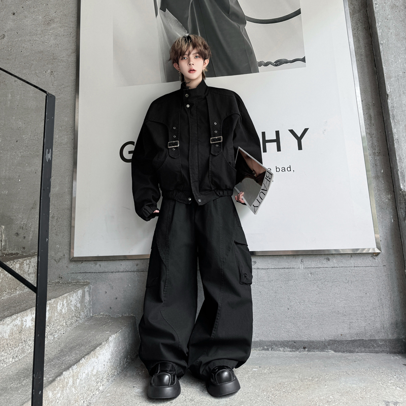 美式高街暗黑系小众金属扣结构工装夹克套装男穿搭弯刀长裤两件套