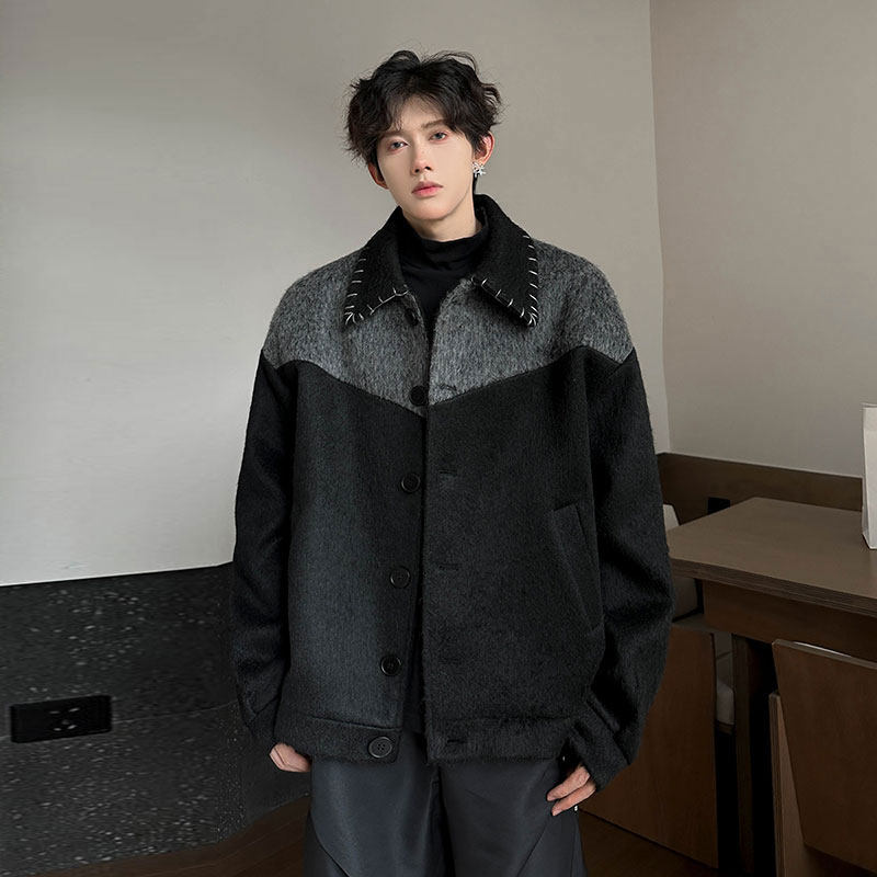 秋冬复古撞色拼接毛呢外套男植毛辑明线小众高级感廓形呢子大衣潮