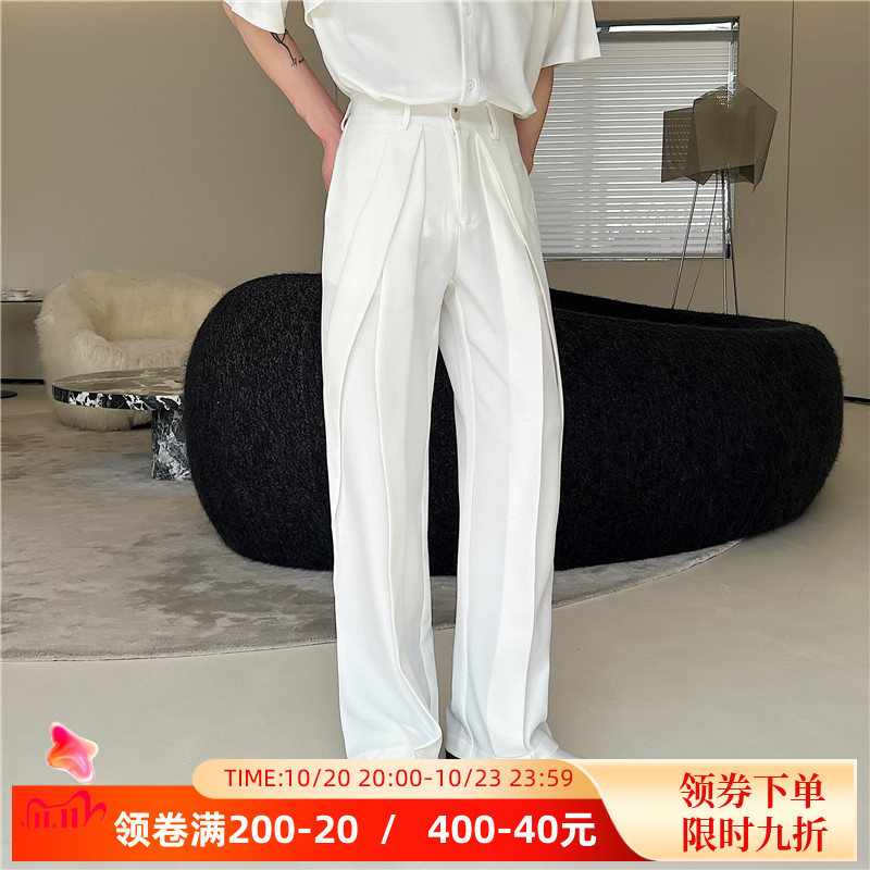 夏季休闲白色高级西装裤男韩版设计感贴布装饰坠垂感直筒皱褶长裤