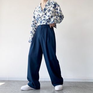 靛蓝色设计高级感百搭复古潮流直筒拖地长裤 男士 坠垂感阔腿裤 秋季