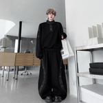 2025秋装暗黑痞帅立领拼接牛仔卫衣套装男高级感阔腿弯刀长裤一套