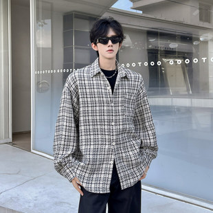 2026春季新款美式复古小香风衬衫外套男高级感格纹呢子休闲上衣潮