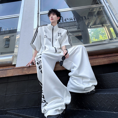 夏季时尚潮牌机车风短袖拉链衫休闲运动套装男美式字母印花休闲裤