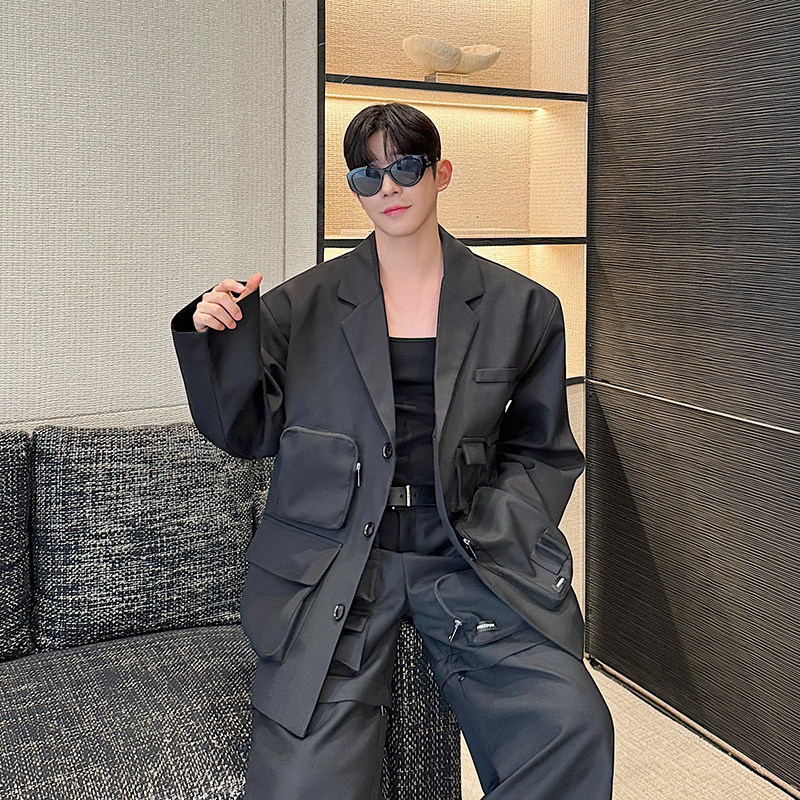 秋季设计师款小众多口袋规则西服外套男廓形高级感阔腿长裤两件套
