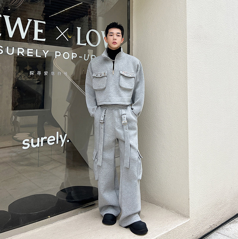 가을 겨울 입체 포켓 반지퍼 공기층 스탠드 칼라 짧은 스웨트 셔츠 남성 정장 캐주얼 와이드 팬츠 투피스 세트