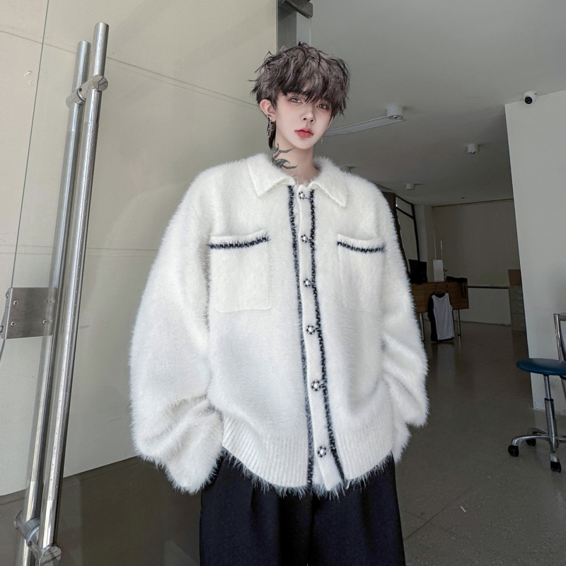 冬装翻领撞色提花小香风针织衫外套男女款加厚软糯慵懒风毛衣保暖