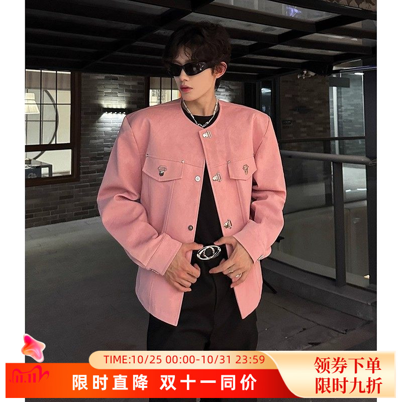 秋冬高级感金属磁吸扣无领皮衣男百搭短款粉色气质夹克小香风外套