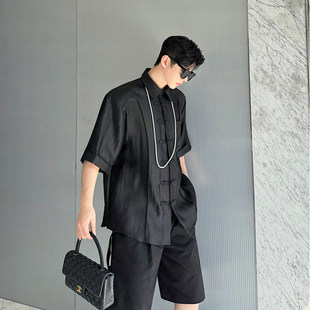 2024夏季高级感痞帅缎面新中式衬衣男短袖可拆卸垫肩廓形盘扣衬衫