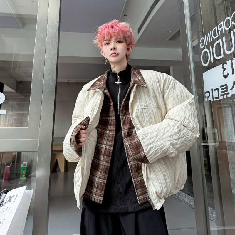 2025冬季韩系小众设计感格子拼接双层假两件厚棉衣男羽绒棉服外套
