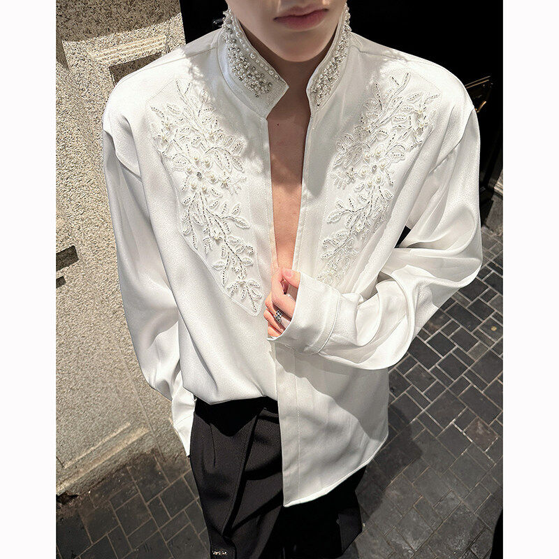 春夏V领气质重工珠片珍珠镶钻立领长袖衬衫男绸缎小众舞台装衬衣