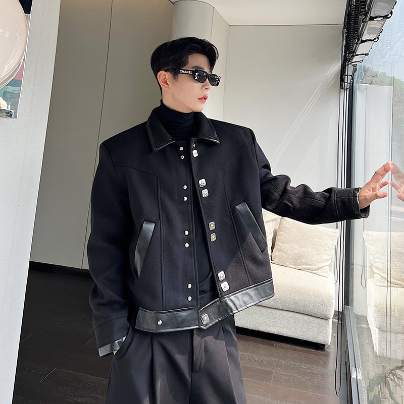 2025春秋小众高级感金属扣呢料短款外套男潮流韩版痞帅夹克上衣男