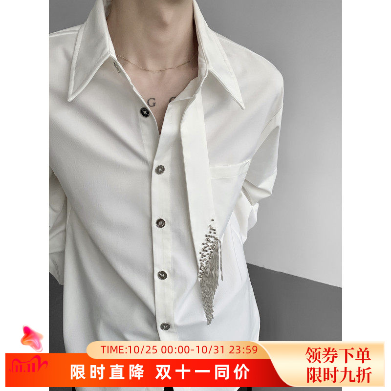 秋季小众冷淡风流苏领带铆钉设计感垫肩衬衫男长袖垂感穿搭衬衣潮