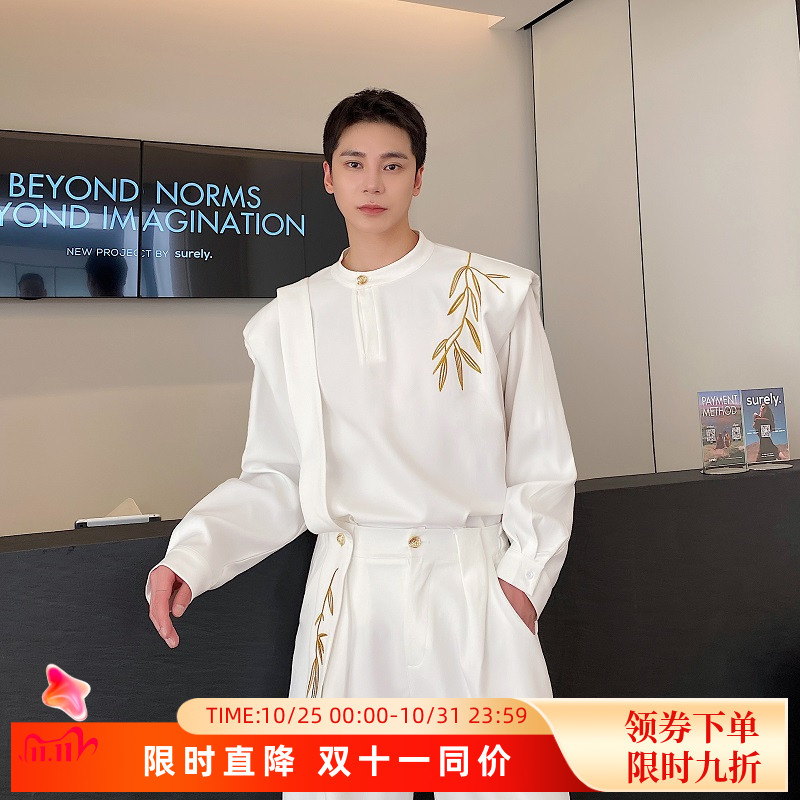秋季国风复古刺绣廓肩衬衣男女休闲套装韩版小众高级感直筒西装裤