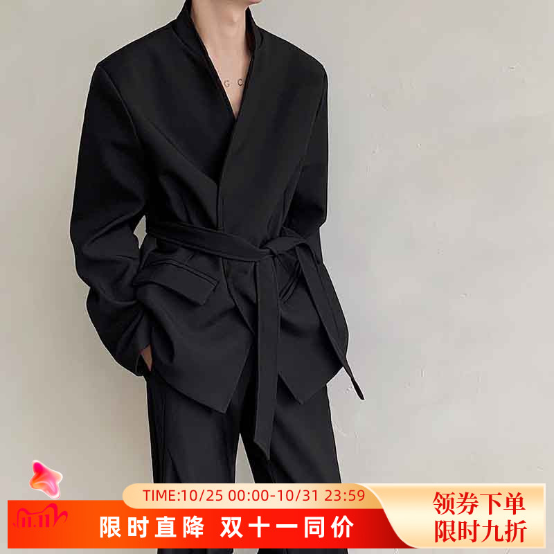 春季小众禁欲系无领西装男高级感痞帅智性风穿搭腰带设计西服外套