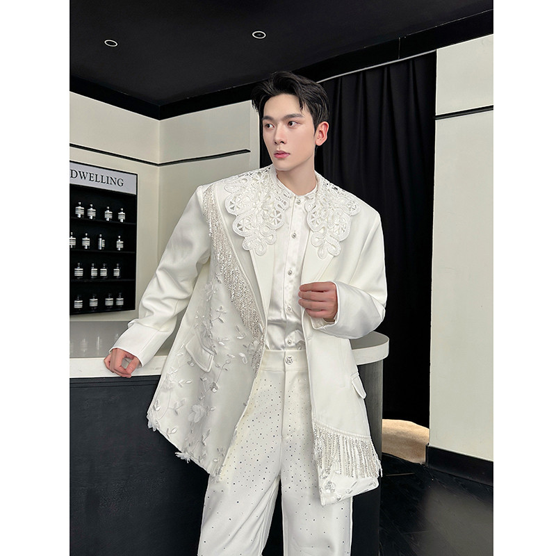小众韩国设计师款重工流苏珠串西装外套男立体花朵秀场气质演出服