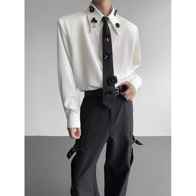 秋季韩版小众设计感花朵垫肩领带衬衫男长袖演出男模穿搭上衣打底