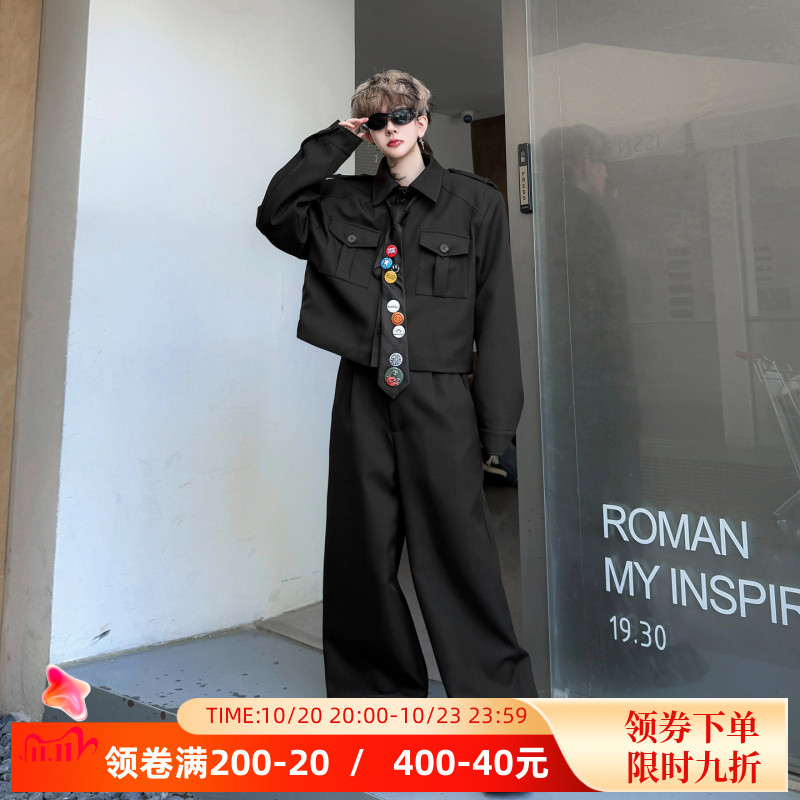 秋季高级感小众贴标领带装饰短款工装夹克套装男痞帅阔腿长裤一套