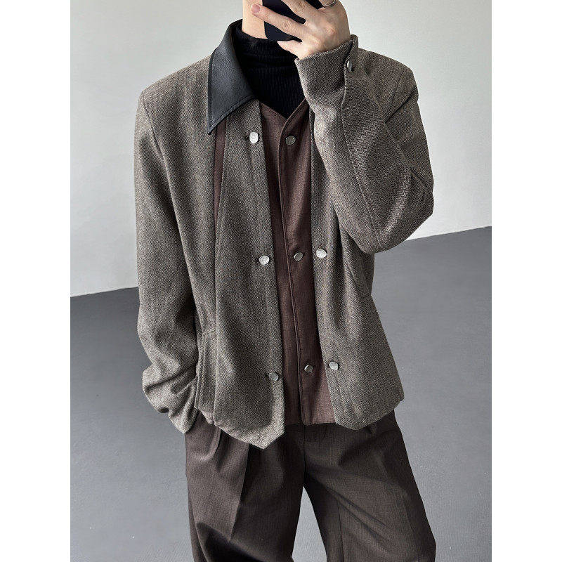 复古宫廷羊毛假两件人字纹老钱毛呢夹克外套男加厚几何拼接西服潮
