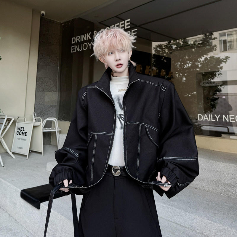 2025春装立领异色辑明线设计感垫肩廓形夹克外套男泡泡袖痞帅高级