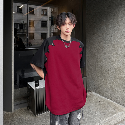 高级感痞帅撞色拼接短袖T恤男夏季美式街头复古潮牌重磅垫肩上衣