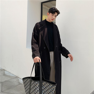 秋季暗黑复古设计感长款风衣男外套痞帅情侣过膝黑色韩版大衣潮流