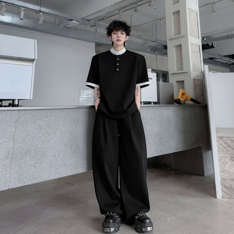 2026夏装高级感痞帅条纹拼接短袖卫衣套装男阔腿长裤休闲两件套潮