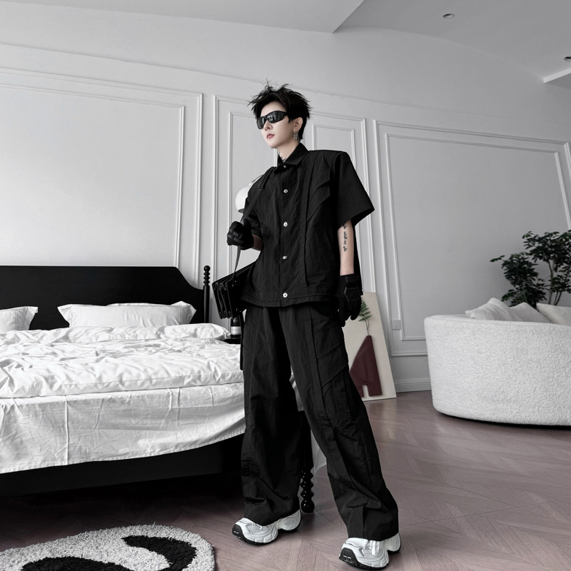 여름 틈새 주름 구조 분할 반팔 재킷 정장 남성 디자이너 작업복 넓은 다리 바지 투피스 트렌디 세트