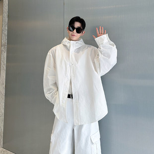 韩国ifashion纯色连帽廓形连帽开衫长袖衬衫外套休闲帅气网红上衣