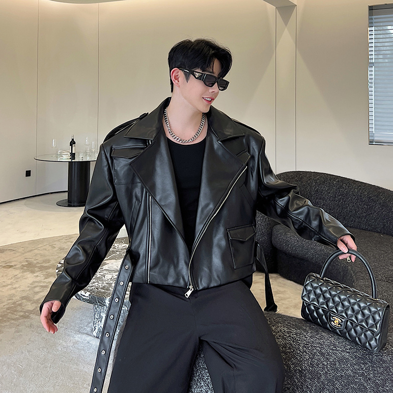 秋冬小众复古高级感机车皮衣男短款韩版炸街痞帅翻领PU皮夹克外套