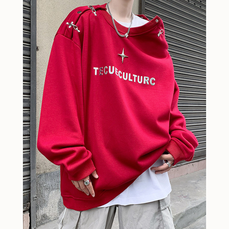 秋季小众解构金属飞机扣一字肩设计感卫衣男女韩版潮牌外套高级感