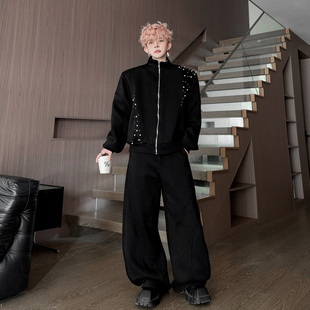2026春季小众前后钉珠设计开衫卫衣套装男搭配休闲长裤高级感痞帅