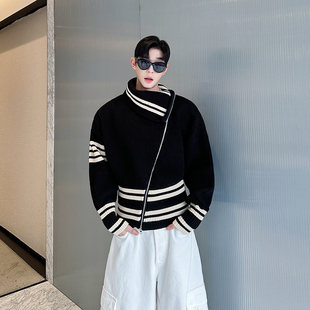 秋冬小众设计感撞色黑白条纹纹斜拉链高领针织衫男女收腰短款毛衣