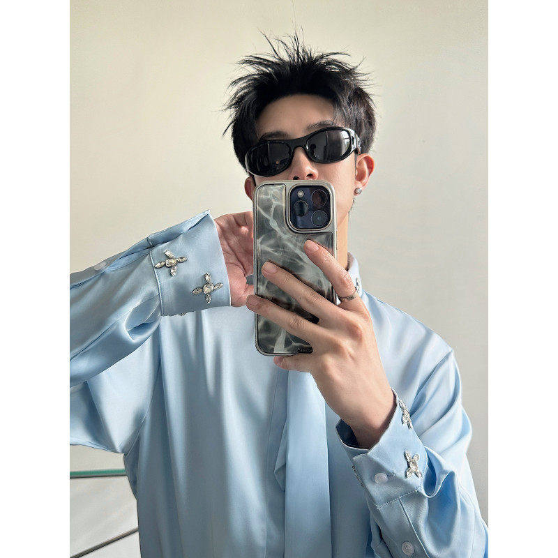 丁禹兮明星同款亮钻缎面天蓝色重工丝滑领带衬衫男气质设计感衬衣