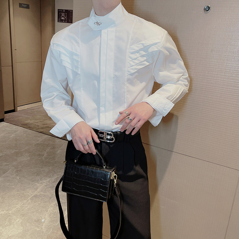 春季小众皱褶金属标解构立领长袖衬衣男白色休闲垫肩网红衬衫内搭