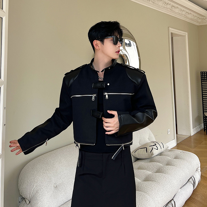가을 틈새 더블 지퍼 해체 디자인 가죽 스탠드 칼라 자켓 남성 기능성 트렌디 브랜드 INS 오토바이 짧은 재킷
