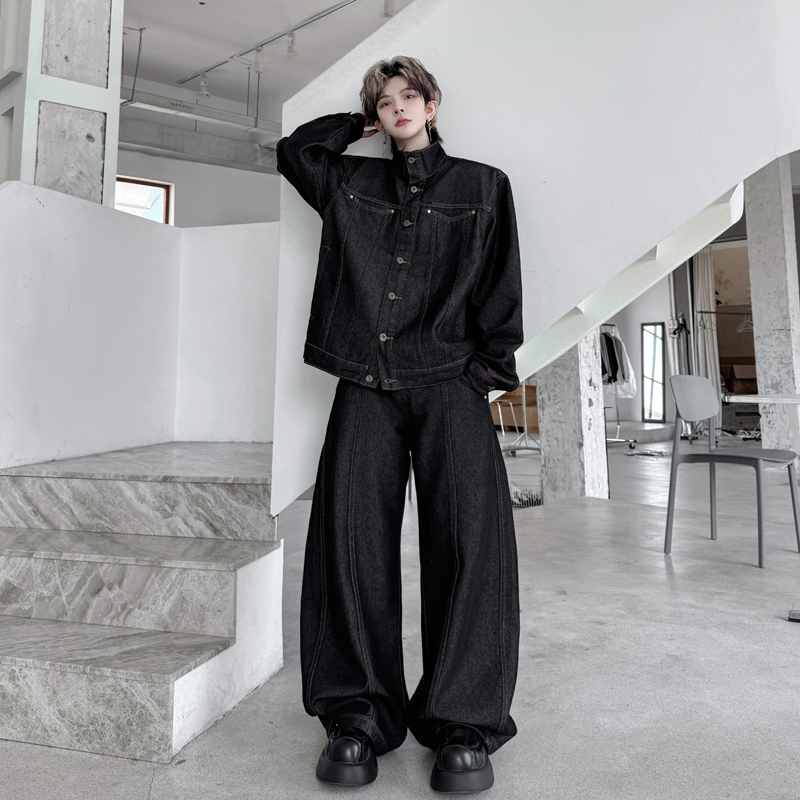 秋季美式复古异色明线牛仔夹克立领套装男高级感痞帅阔腿长裤一套