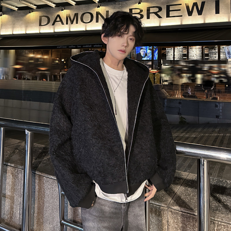 冬装高级感痞帅夹棉加厚连帽风衣外套男cleanfit潮牌宽松呢子夹克
