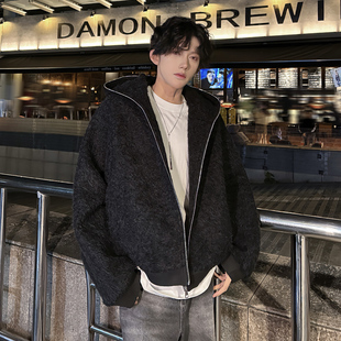 冬装高级感痞帅夹棉加厚连帽风衣外套男cleanfit潮牌宽松呢子夹克