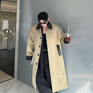 秋冬韩版百搭卡其复古拼皮单排扣暗门襟廓形夹棉风衣中长款棉衣男