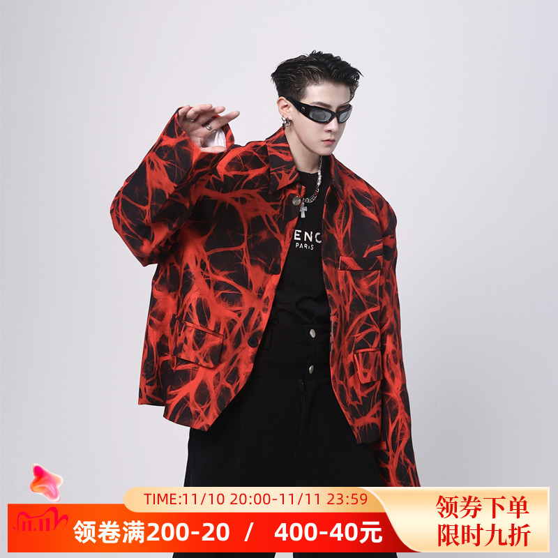 小众高级感炸街外套男夹克痞帅个性短款廓形垫肩西服演出舞台装潮