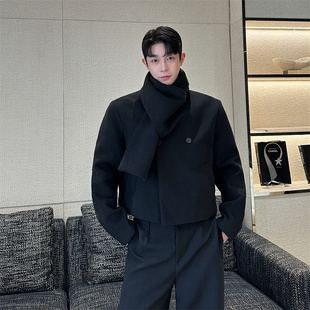 秋冬韩版设计感围脖呢子短款大衣外套重磅上衣加厚围巾领网红羊毛