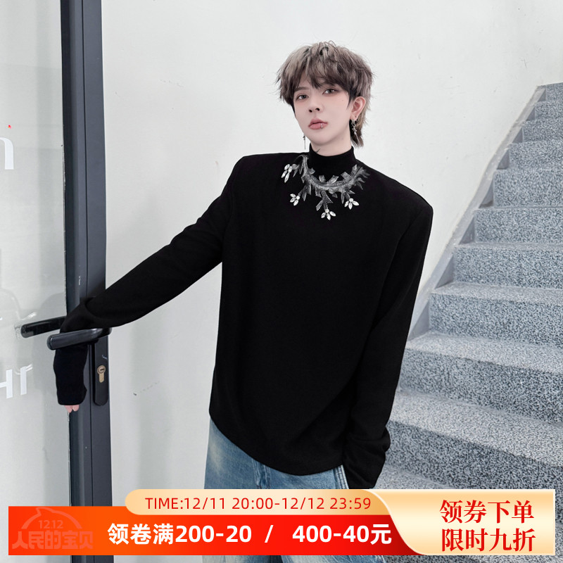 秋季暗黑系针织半高领长袖T恤男韩版手绘涂鸦钉珠装饰设计打底衫