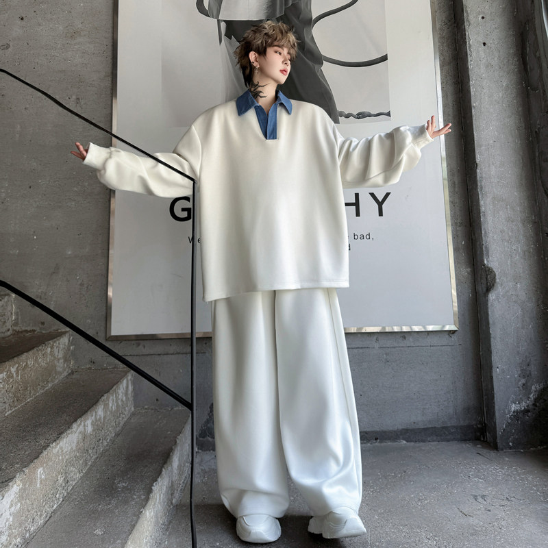 美式休闲设计感假两件拼接卫衣套装男慵懒风宽松运动阔腿长裤一套